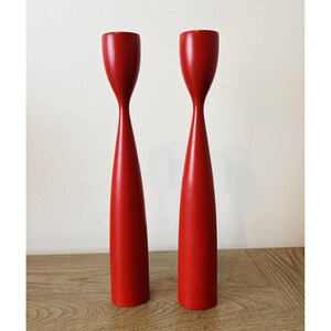 Pair  Vintage MCM Danish Modern Wood Tulip Candle Stick Holders 11.5 Denmark Red