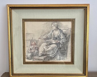 Lámina enmarcada de estilo rococó francés vintage: Mujer leyendo, Niña jugando, Arte de pared dorado