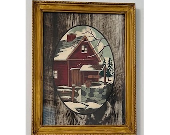 Cuadro con paisaje de cabaña de invierno vintage, marco de madera dorada, decoración rústica.