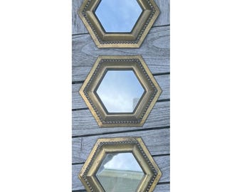 Vintage Brass Hexagon Wall Mirrors Set 3 Made in India Boho Decor Gold