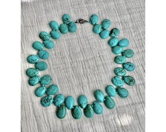 LUC Turquoise Hand Knotted Sterling Silver Necklace Bidirectional 16", 93 Grams