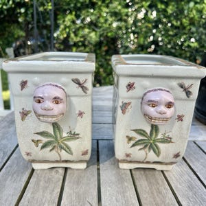 Vintage Chinoiserie Face Planters Set of 2 Asian Ceramic Cachepots with Butterflies