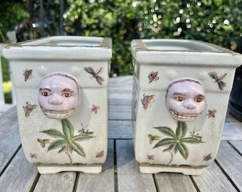 Vintage Chinoiserie 3D Face Flowers Birds Butterflies Vase Planters Set 2