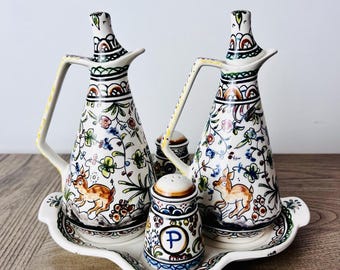 Pintado Amau Coimbra Portugal ceramic oil and vinegar cruets Bird Floral Signed