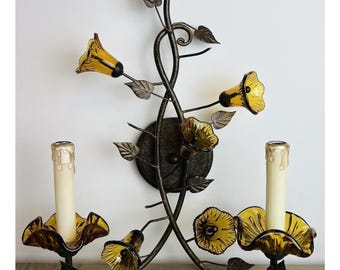 Aplique de pared Quoizel Amber Art Glass Floral Vine de 2 luces, bronce rústico, raro.