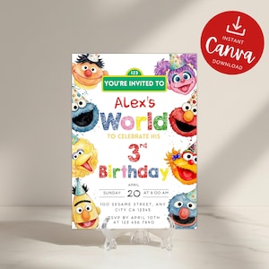 May include: A rectangular birthday invitation card featuring colorful Sesame Street character illustrations wearing party hats. The text reads: You're invited to Alex's World to celebrate his 3rd birthday, Sunday April 20 at 8:00 AM, 100 Sesame Street, Any City CA 12345, RSVP by April 10th at 123 456 7890.