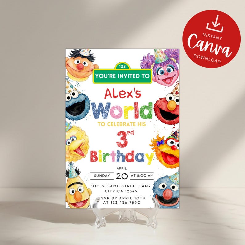 May include: A rectangular birthday invitation card featuring colorful Sesame Street character illustrations wearing party hats. The text reads: You're invited to Alex's World to celebrate his 3rd birthday, Sunday April 20 at 8:00 AM, 100 Sesame Street, Any City CA 12345, RSVP by April 10th at 123 456 7890.