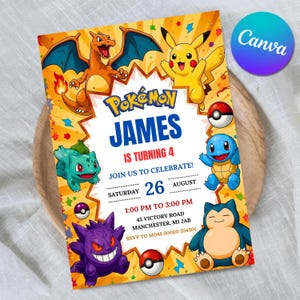 Invito di compleanno Pokémon modificabile, festa a tema Pikachu, Charizard e Bulbasaur, invito con carta Pokémon, modello Canva modificabile