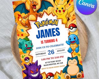 Invito di compleanno Pokémon modificabile, festa a tema Pikachu, Charizard e Bulbasaur, invito con carta Pokémon, modello Canva modificabile
