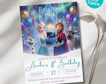 Editable Frozen Birthday Invitation, Princess Elsa & Anna Party Invite, Digital Frozen Birthday Theme Template, Girl Birthday Party Download