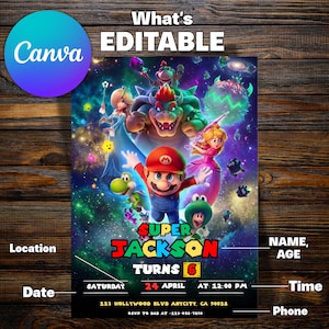 Puede incluir: Una colorida invitaci&oacute;n con los personajes de Super Mario. La invitaci&oacute;n incluye el texto "Super Jackson Turns 6" y los detalles del evento. El logotipo de Canva es visible. El fondo es un dise&ntilde;o tem&aacute;tico espacial.