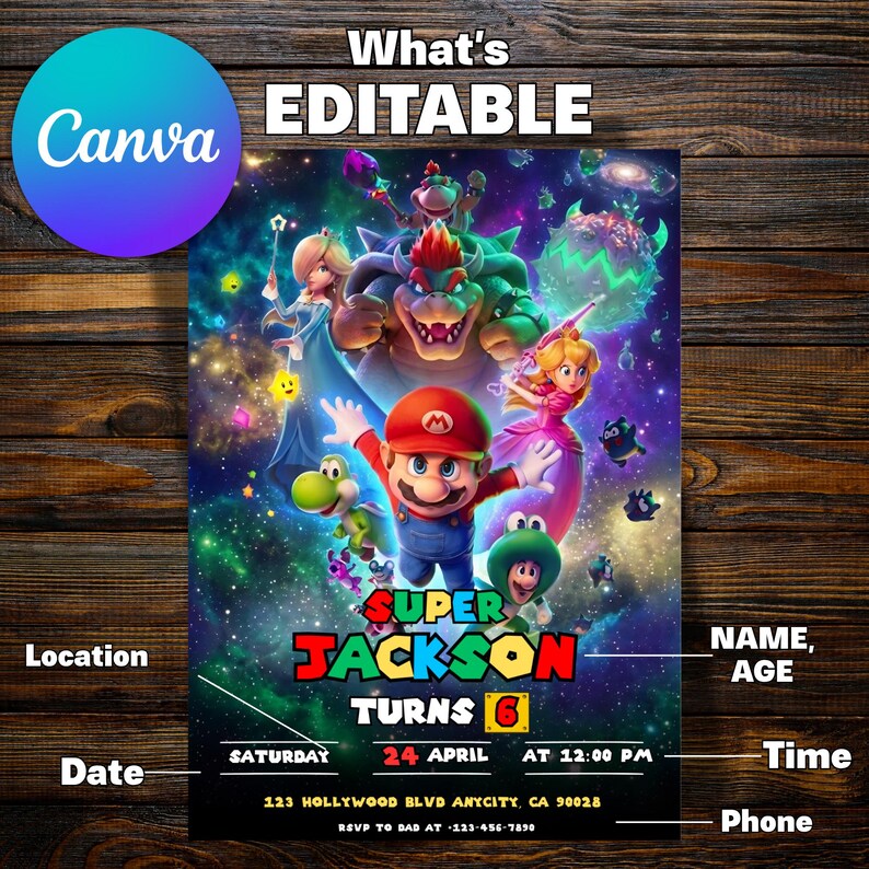 Puede incluir: Una colorida invitaci&oacute;n con los personajes de Super Mario. La invitaci&oacute;n incluye el texto "Super Jackson Turns 6" y los detalles del evento. El logotipo de Canva es visible. El fondo es un dise&ntilde;o tem&aacute;tico espacial.