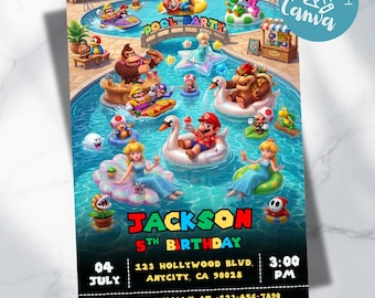 Super Mario Birthday Invitation, Editable Mario Galaxy Pool Party Invitation, pool party invite, Instant Download, Editable Canva Template