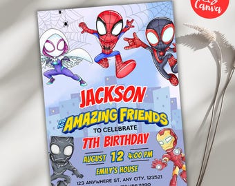 Editable Spidey and His Amazing Friends Birthday Invitation, Superhero Party Invite, Spider Birthday Canva Template, Digital Download