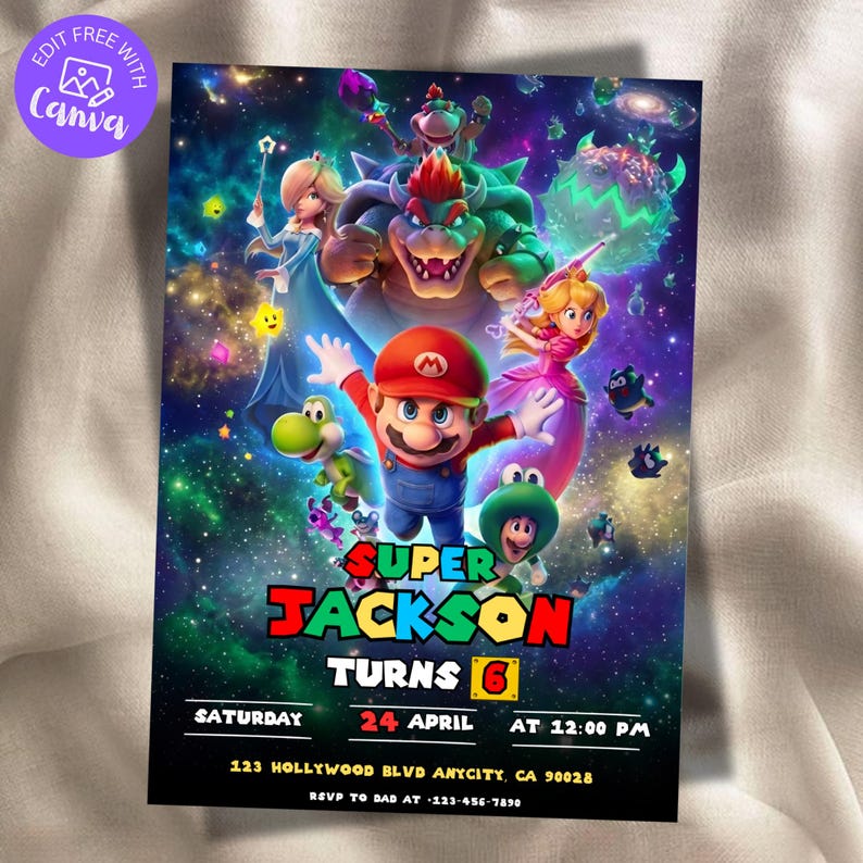 Invitación de cumpleaños de Super Mario Galaxy, invitación a fiesta espacial para niños, plantilla editable de Canva, descarga instantánea, 5 x 7 pulgadas. imagen 1