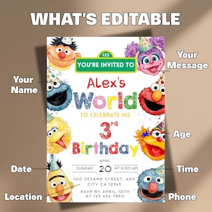 May include: A birthday invitation template featuring Sesame Street characters wearing party hats. The text reads WHAT'S EDITABLE, YOU'RE INVITED TO, Alex's World TO CELEBRATE HIS 3rd Birthday, APRIL SUNDAY 20 AT 8:00 AM, 100 SESAME STREET, ANY CITY CA 12345, RSVP BY APRIL 10TH AT 123 456 7890.
