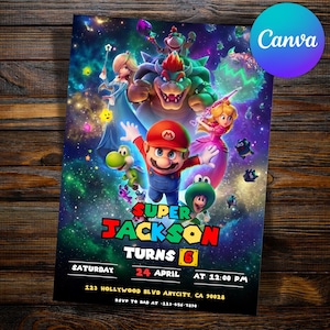 Puede incluir: Una colorida invitaci&oacute;n de cumplea&ntilde;os con Mario y otros personajes de la serie de videojuegos Super Mario. La invitaci&oacute;n incluye el texto "Super Jackson Turns 6" y los detalles del evento.