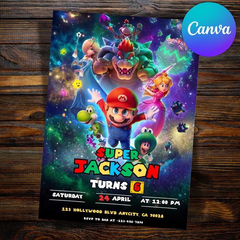 Puede incluir: Una colorida invitaci&oacute;n de cumplea&ntilde;os con Mario y otros personajes de la serie de videojuegos Super Mario. La invitaci&oacute;n incluye el texto "Super Jackson Turns 6" y los detalles del evento.