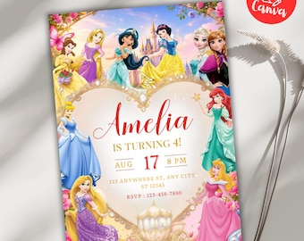 Editable Disney Princess Birthday Invitation, Any Age Princess Party Invite, Royal Castle Canva Template, Girl Birthday Instant Download