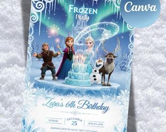 Frozen Birthday Invitation, Editable Frozen Birthday Party Elsa & Anna Party Invitation Girl Frozen Birthday Invite Theme, Canva bday invite