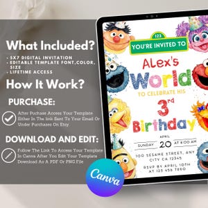 May include: A digital birthday invitation template featuring Sesame Street characters, with text reading Alex's World to celebrate his 3rd birthday, including event details like date, time, and location, displayed on a tablet screen with instructions.