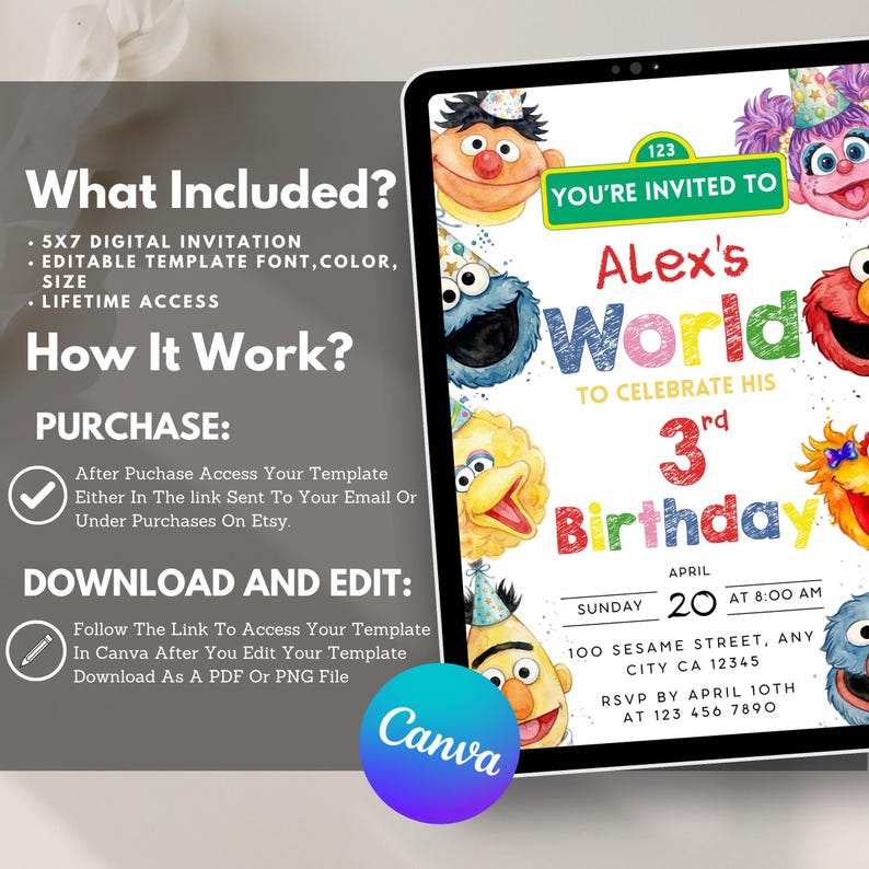 May include: A digital birthday invitation template featuring Sesame Street characters, with text reading Alex's World to celebrate his 3rd birthday, including event details like date, time, and location, displayed on a tablet screen with instructions.