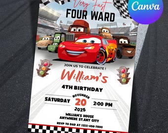 Cars Lightning McQueen 4th Birthday Invitation, Editable Canva Template (Digital Download)