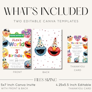 May include: A digital invitation set featuring Sesame Street characters in party hats. Includes a 5x7 inch front and back invitation template and a 4.25x5.5 inch thank you card template. The text includes 'Alex's World', '3rd Birthday', and 'Thank You'.