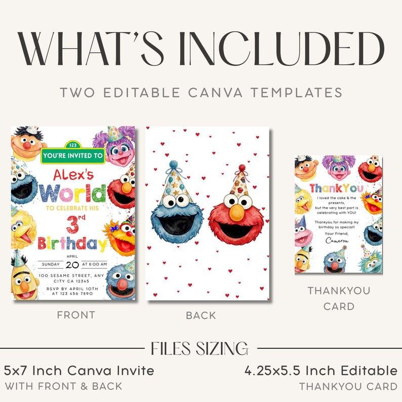 May include: A digital invitation set featuring Sesame Street characters in party hats. Includes a 5x7 inch front and back invitation template and a 4.25x5.5 inch thank you card template. The text includes 'Alex's World', '3rd Birthday', and 'Thank You'.