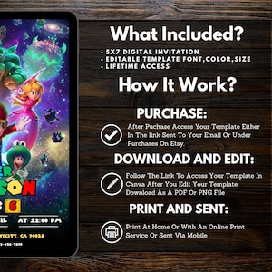 Puede incluir: Invitaci&oacute;n digital en una pantalla de tableta con un gr&aacute;fico colorido de una escena de videojuego. El texto en la pantalla incluye los detalles del evento. El lado derecho de la imagen tiene texto que dice "What Included?" y "How It Work?"