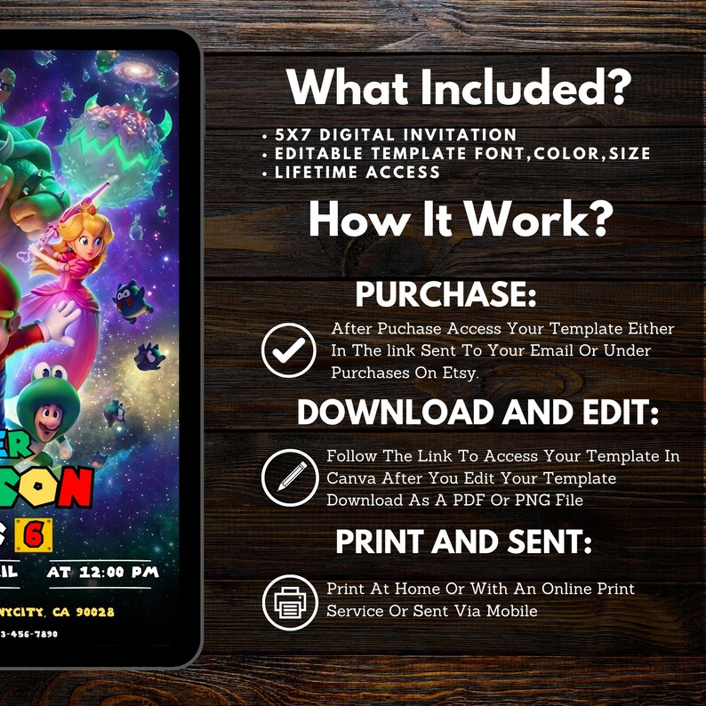Puede incluir: Invitaci&oacute;n digital en una pantalla de tableta con un gr&aacute;fico colorido de una escena de videojuego. El texto en la pantalla incluye los detalles del evento. El lado derecho de la imagen tiene texto que dice "What Included?" y "How It Work?"