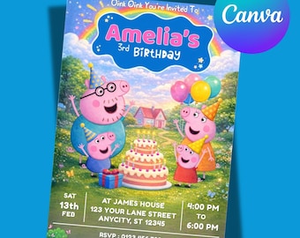 Editable Peppa Pig Birthday Invitation: Kids Birthday Party Invite, Personalized Canva Template, Digital Download