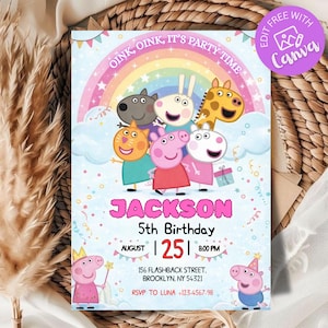 Editable Peppa Pig Birthday Invitation, Canva Template (Digital Download)