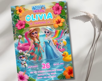 Frozen Fun Summer Party Birthday invitation, Pool party Princess Elsa Anna Olaf Invite 2nd 3rd 4th 5th template girl decor instant download