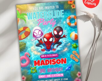 Editable Spidey Pool Party Invitation, Spidey and His Amazing Friends Birthday Invite, Kids Pool Party Canva Template, Digital Download