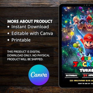 Puede incluir: Invitaci&oacute;n digital en una pantalla de tableta con un tema de Super Mario. El dise&ntilde;o incluye el texto "SUPER JACKS TURNS" y los detalles del evento. El texto indica que el producto es una descarga digital.