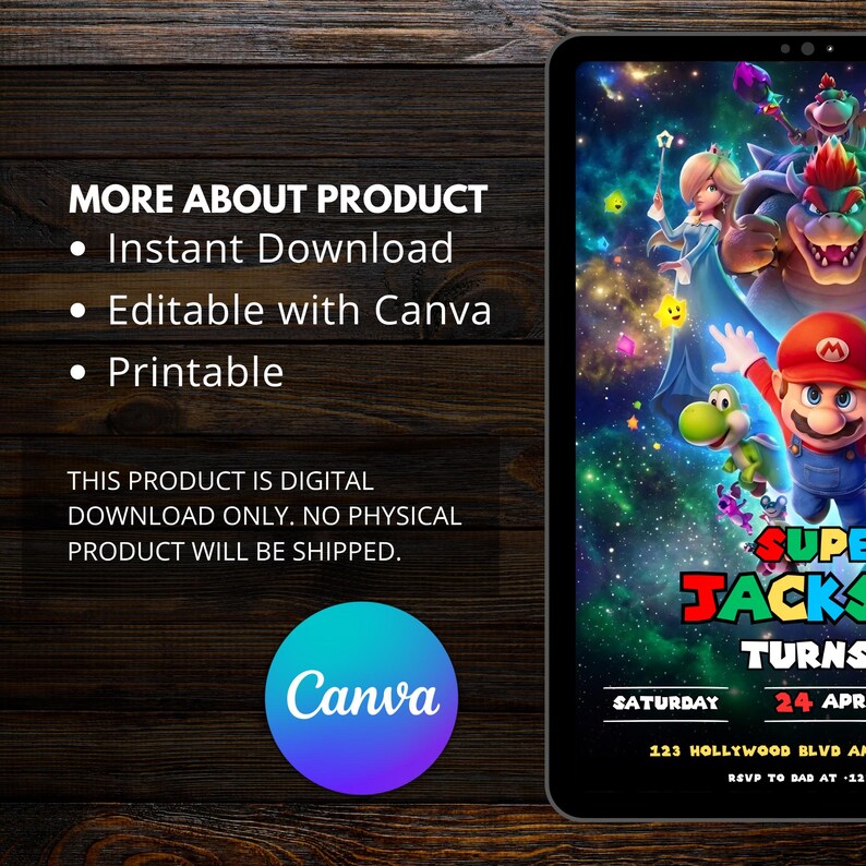 Puede incluir: Invitaci&oacute;n digital en una pantalla de tableta con un tema de Super Mario. El dise&ntilde;o incluye el texto "SUPER JACKS TURNS" y los detalles del evento. El texto indica que el producto es una descarga digital.