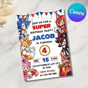 May include: A rectangular birthday party invitation featuring Sonic the Hedgehog characters including Sonic, Tails, Amy, Knuckles, Shadow, and Dr. Eggman. The text reads: JOIN US FOR A SUPER BIRTHDAY PARTY JACOB IS TURNING 4 DEC 15 5 PM 123 ANYWHERE ST, ANY CITY ST 12345 RSVP TO MOM AT +123 456 7890.