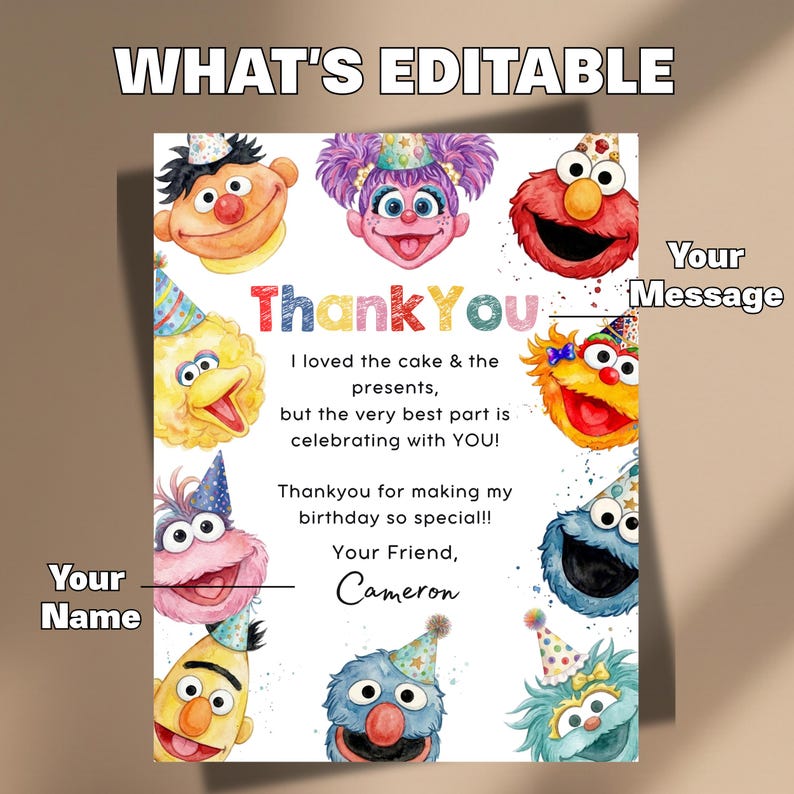May include: A rectangular birthday thank you card featuring colorful watercolor illustrations of Sesame Street characters wearing party hats. The text reads Thank You, I loved the cake & the presents, but the very best part is celebrating with YOU!