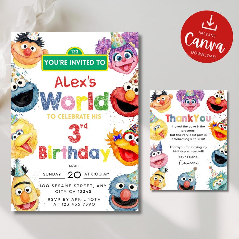 May include: A digital birthday invitation and thank you card set featuring watercolor illustrations of Sesame Street characters wearing party hats. The invitation text reads Alex's World to celebrate his 3rd birthday on April 20th at 8:00 AM.