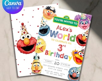 Invitación de cumpleaños infantil editable con dibujos animados, fiesta de Elmo con tema de Elmo y sus amigos, plantilla de Canva (descarga digital)