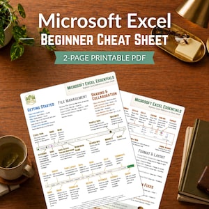 以下が含まれることがあります： 木製の机の上に、Microsoft Excel 初心者向けチートシート、2 ページの印刷可能な PDF が表示されています。 ドキュメントは、お茶のカップ、ノート、小さな鉢植えなど、事務用品に囲まれています。 シートのテキストは明確で読みやすいです。