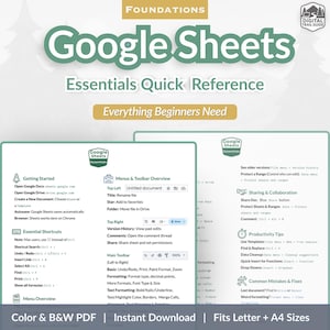 May include: A digital guide for Google Sheets, titled "Essentials Quick Reference." The guide includes sections on getting started, essential shortcuts, and menu and toolbar overview. It is available in color and B&W PDF, and fits Letter and A4 sizes.