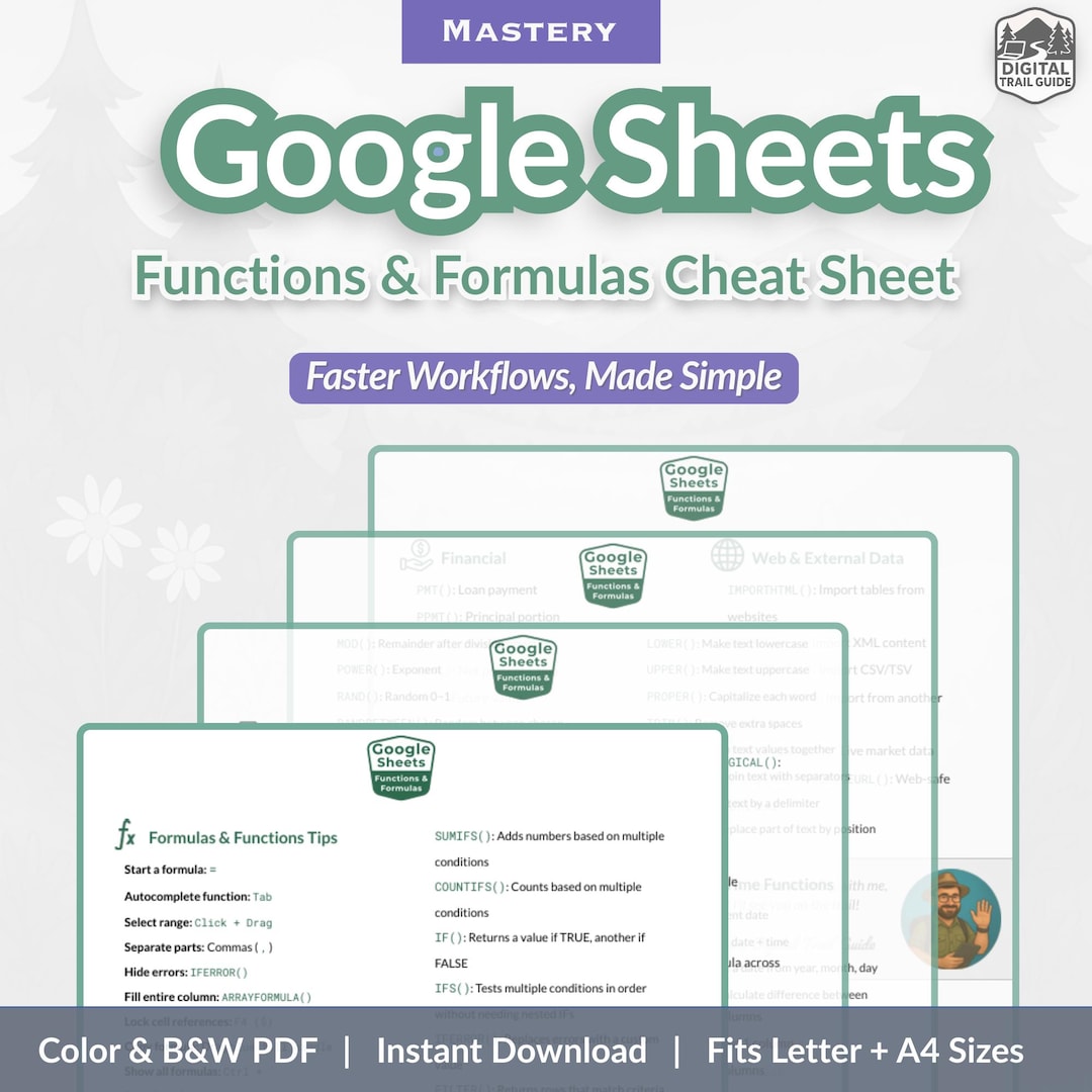 Google Sheets Functions & Formulas Cheat Sheet | Printable PDF ...