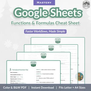以下が含まれることがあります： 緑と白で「Functions & Formulas Cheat Sheet」というタイトルのGoogleスプレッドシートのチートシート。ドキュメントには、ヒント、数式、財務データとWebデータに関するセクションが含まれています。「Faster Workflows, Made Simple」というテキストも含まれています。