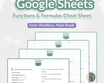 Google Sheets Functions & Formulas Cheat Sheet | Printable PDF | Spreadsheet Formulas Guide | Productivity, Efficiency Tool