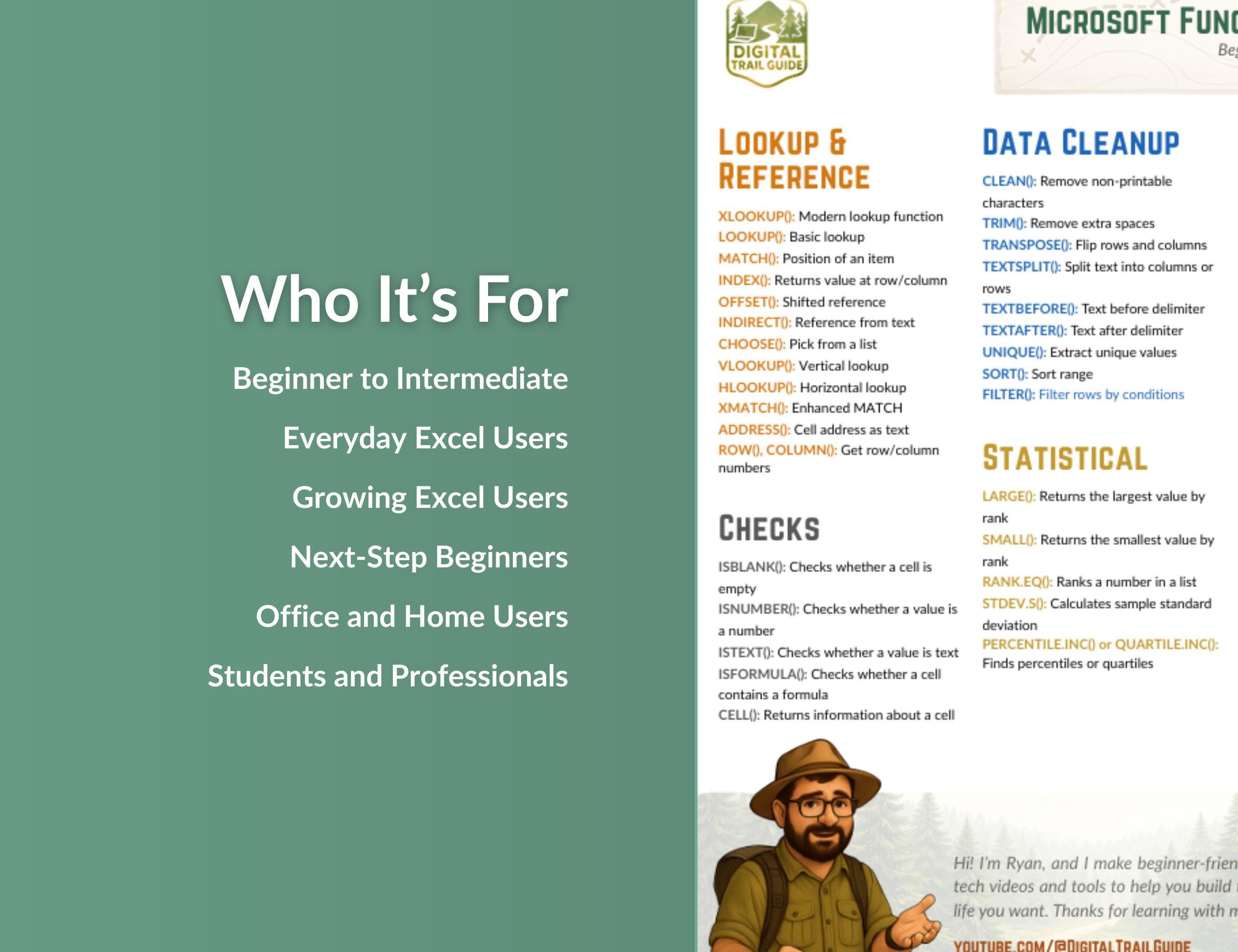 Excel Functions & Formulas Cheat Sheet Printable | Quick Reference PDF ...