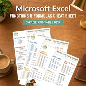May include: A wooden desk displays a Microsoft Excel Functions & Formulas Cheat Sheet. The 3-page printable PDF is accompanied by a cup of coffee, a notebook, a pen, a small plant, a desk lamp, and a leather-bound journal.