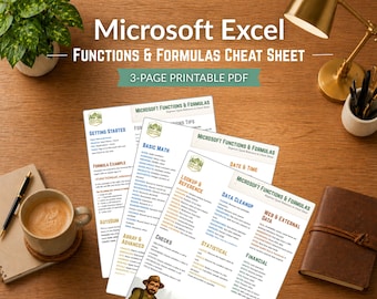 Excel Functions & Formulas Cheat Sheet Printable | Quick Reference PDF