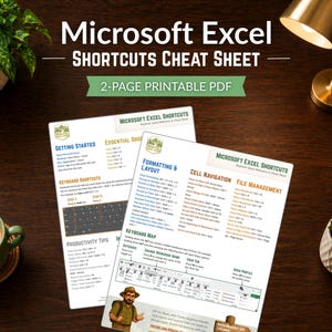 以下が含まれることがあります： Microsoft Excel のショートカットの 2 ページ印刷可能な PDF チートシート。ドキュメントには、はじめに、必須ショートカット、書式設定、セルナビゲーション、ファイル管理に関するセクションが含まれています。タイトルは「Microsoft Excel Shortcuts Cheat Sheet」です。